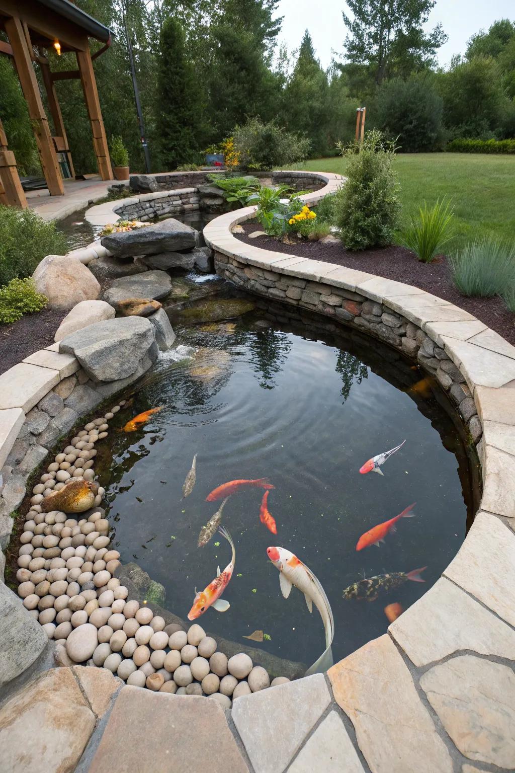 An unusually shaped raised koi pond that fascinates.