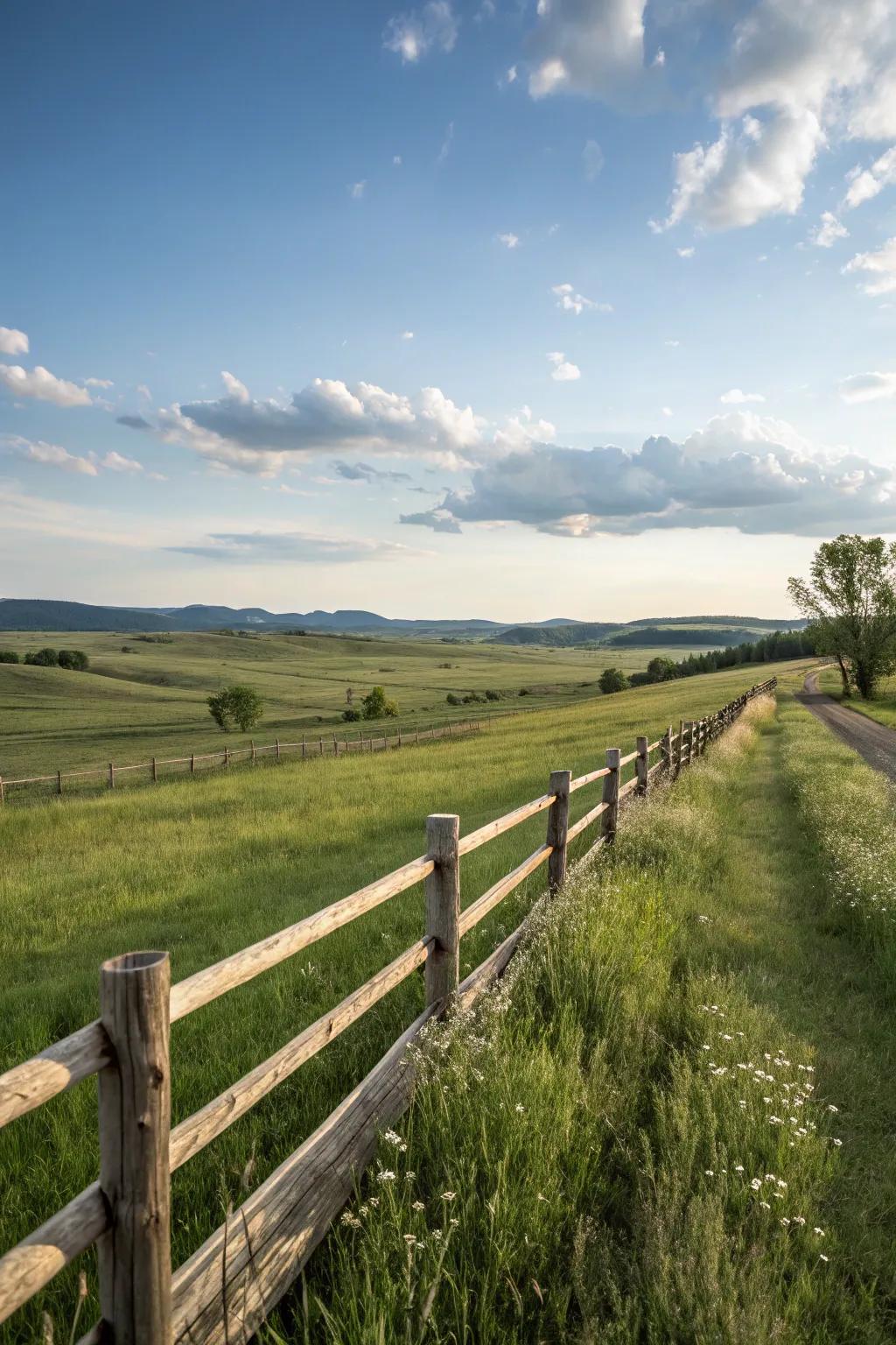 A low fence highlights the sweeping pasture perspective.