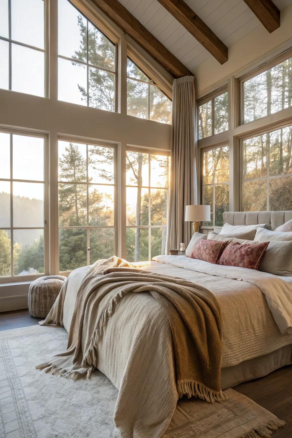 A radiant bedroom featuring generous windows allowing natural light to inundate the area.