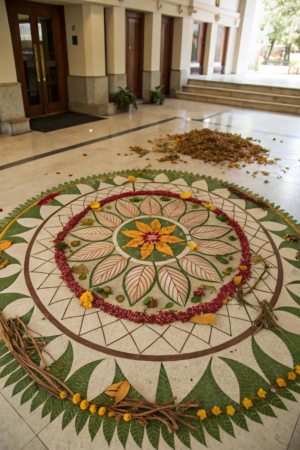 Natural components like foliage add a distinct and eco-friendly dimension to this rangoli.