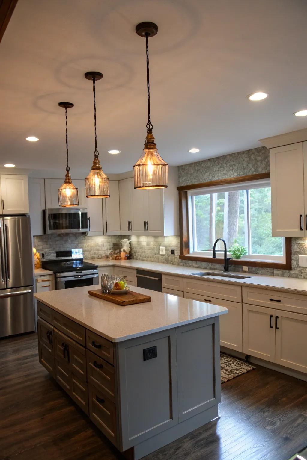 Layered lighting combines usefulness with design.