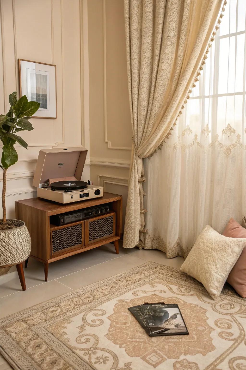 Coordinated record player space creating a harmonious feel.