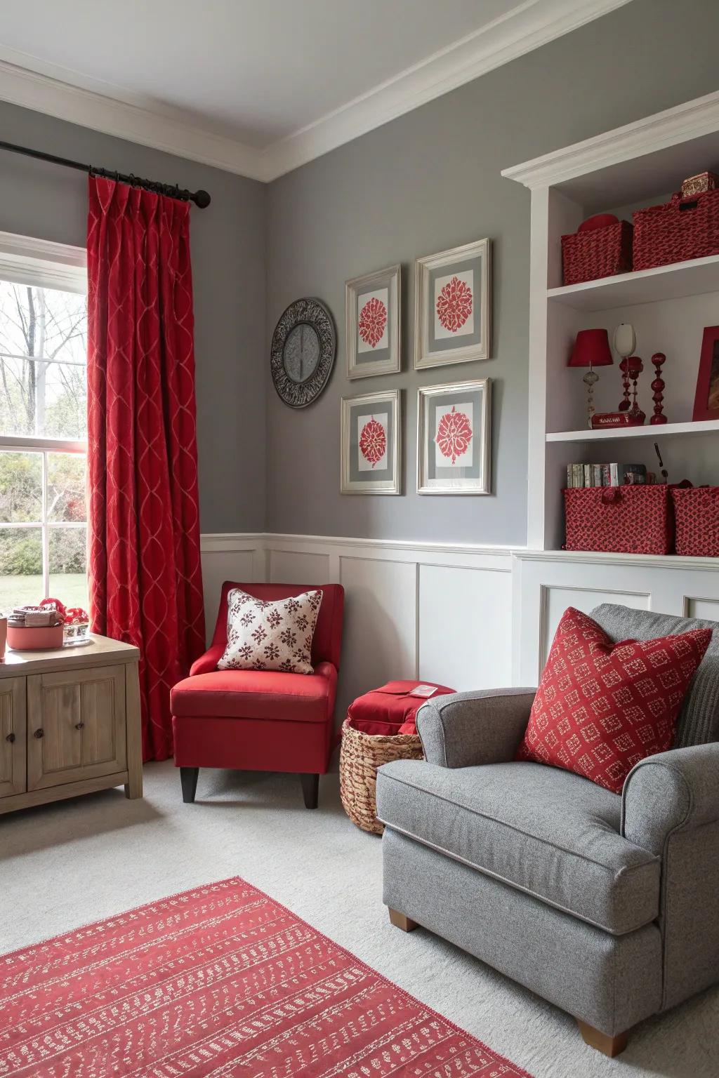 A room with a grey foundation and lively red accents.