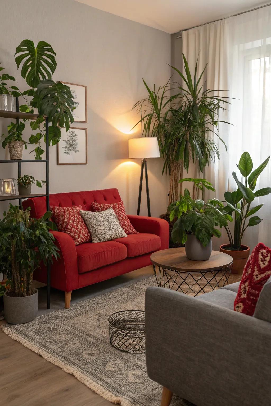 Botanicals introduce a natural contrast to the red and gray palette.