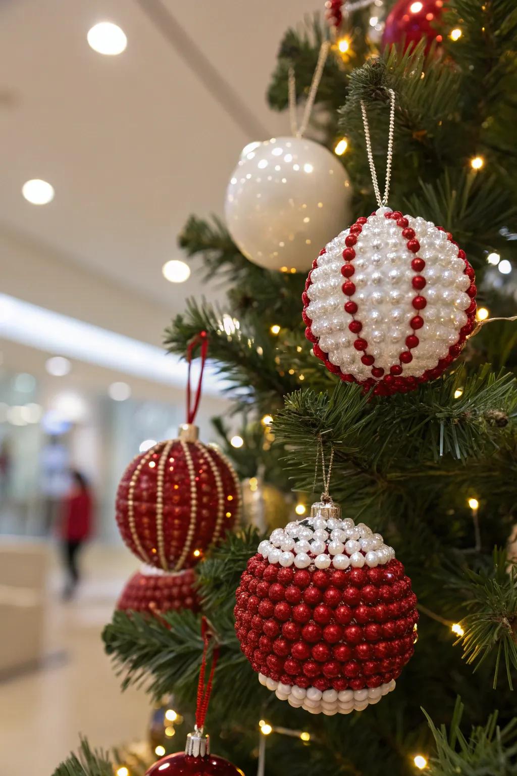 Festive ornaments made of ruby and snow pearls.