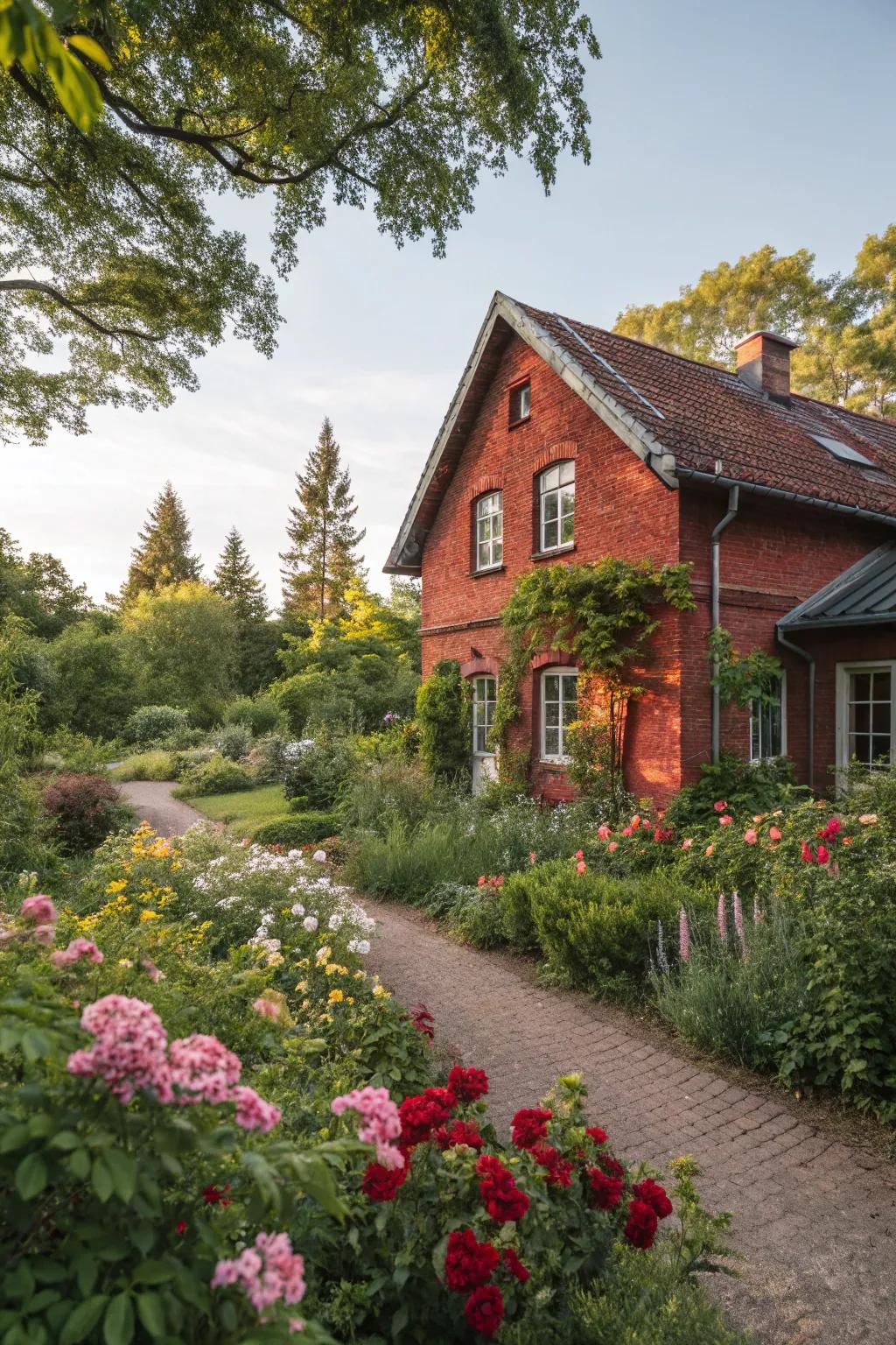 Beautiful landscaping elevates the charm of this red brick house.