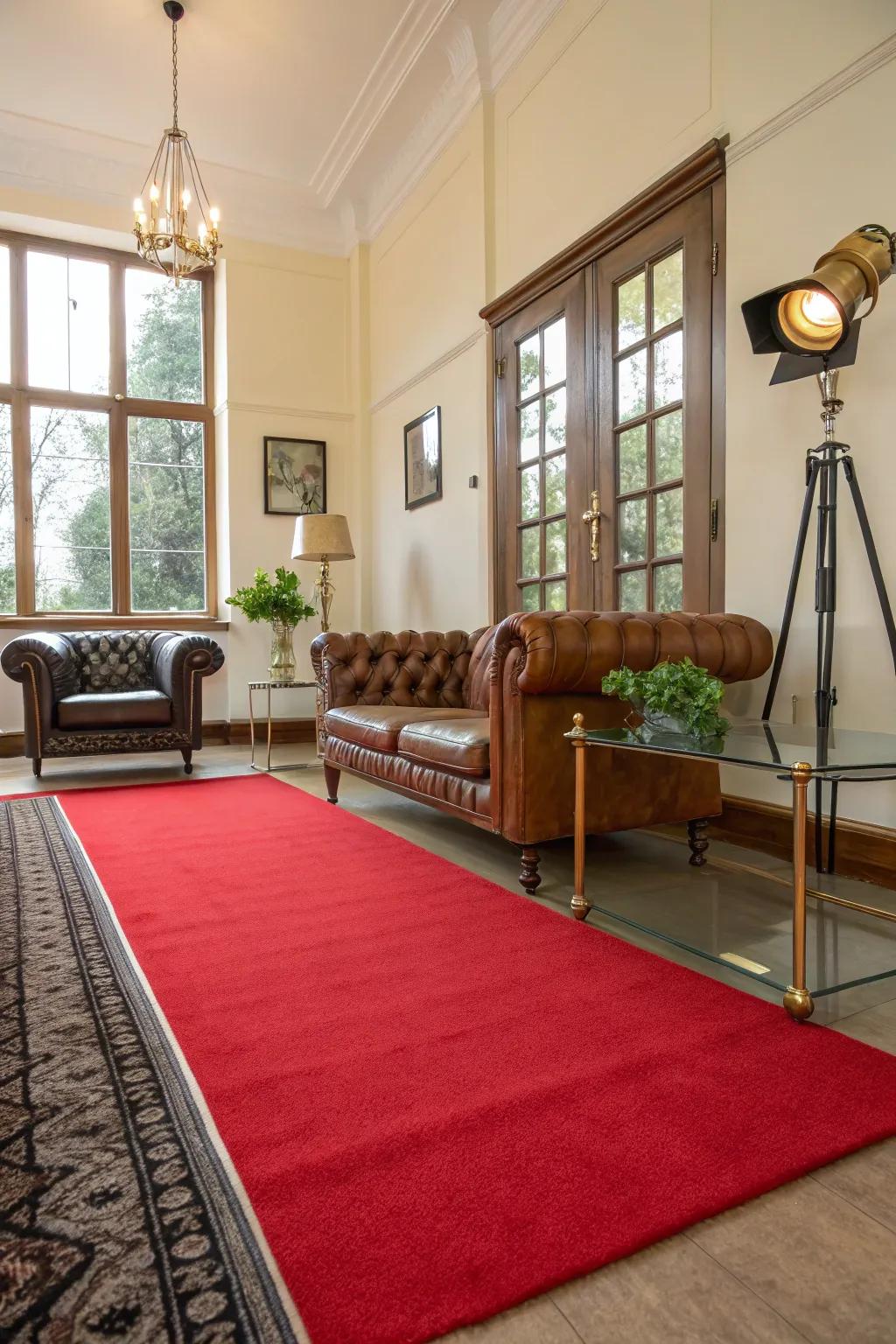 A harmonious blend of historical and modern elements against a scarlet floor covering backdrop.