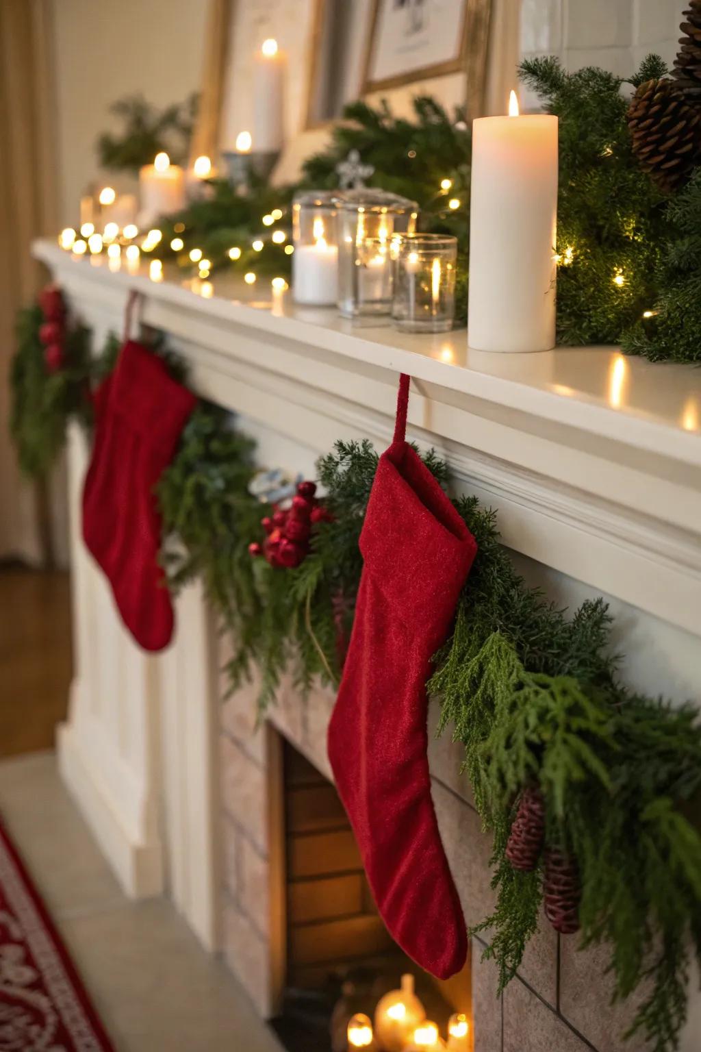 A charming fireplace adorned with crimson accents.