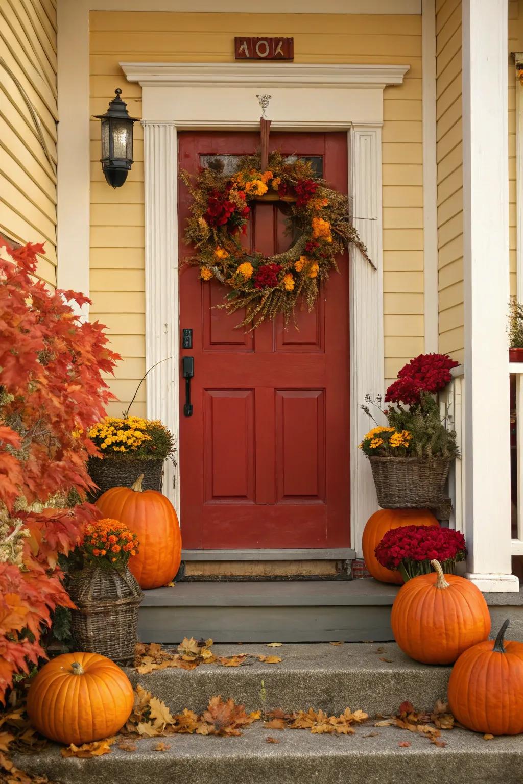 Scarlet entrance adorned with seasonal autumn ornaments.