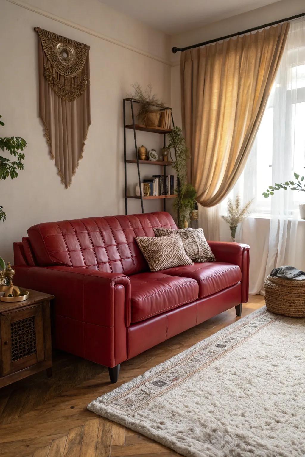 Layering textures imparts dimension and coziness to a living space featuring a scarlet hide settee.