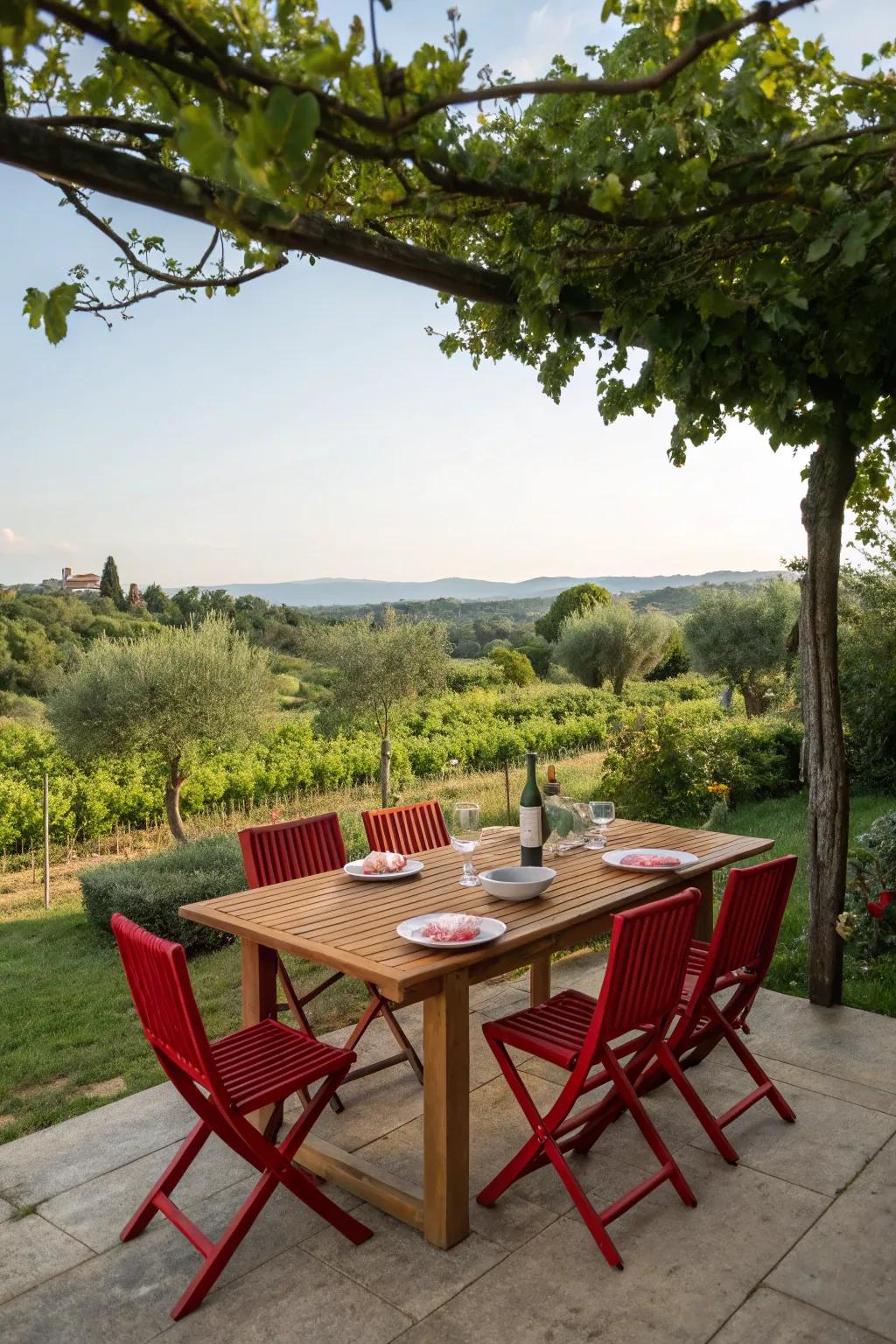 Scarlet dining chairs introduce vibrancy to the outdoor dining space.