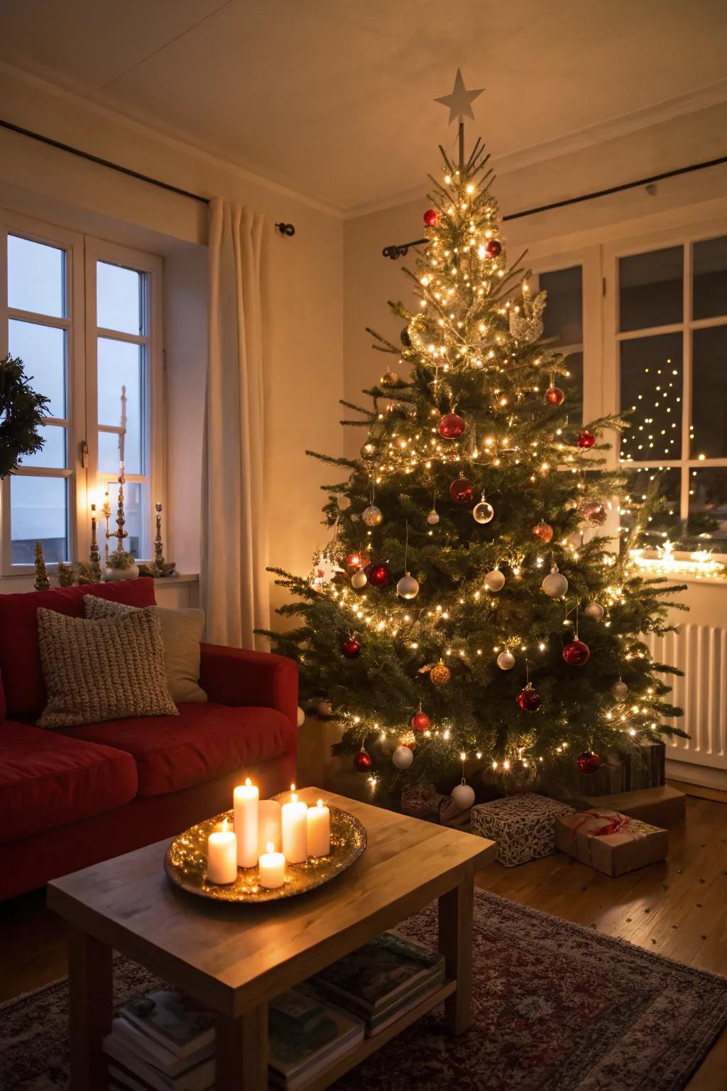 Layered lighting elevates the cozy ambiance of the tree.