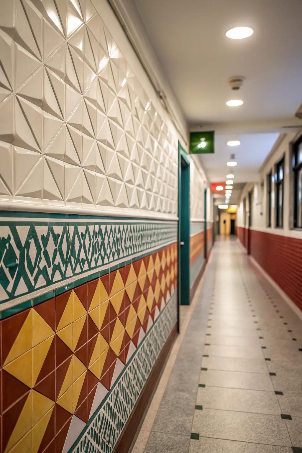 Symmetrical layouts in textured tiles establish a chic, contemporary aesthetic.