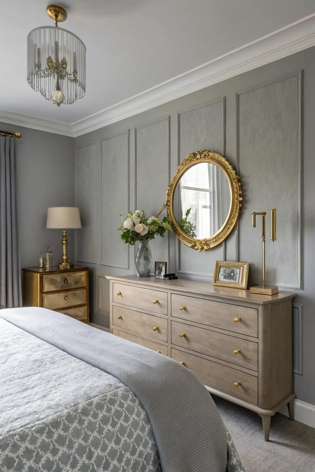 Metallic highlights add an elegant touch to a repose gray bedroom.