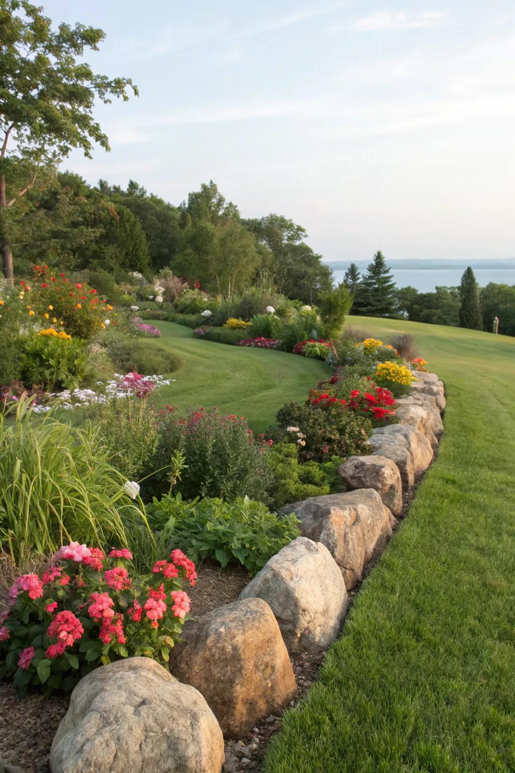 Stone boundaries enrich garden edges with texture and definition.