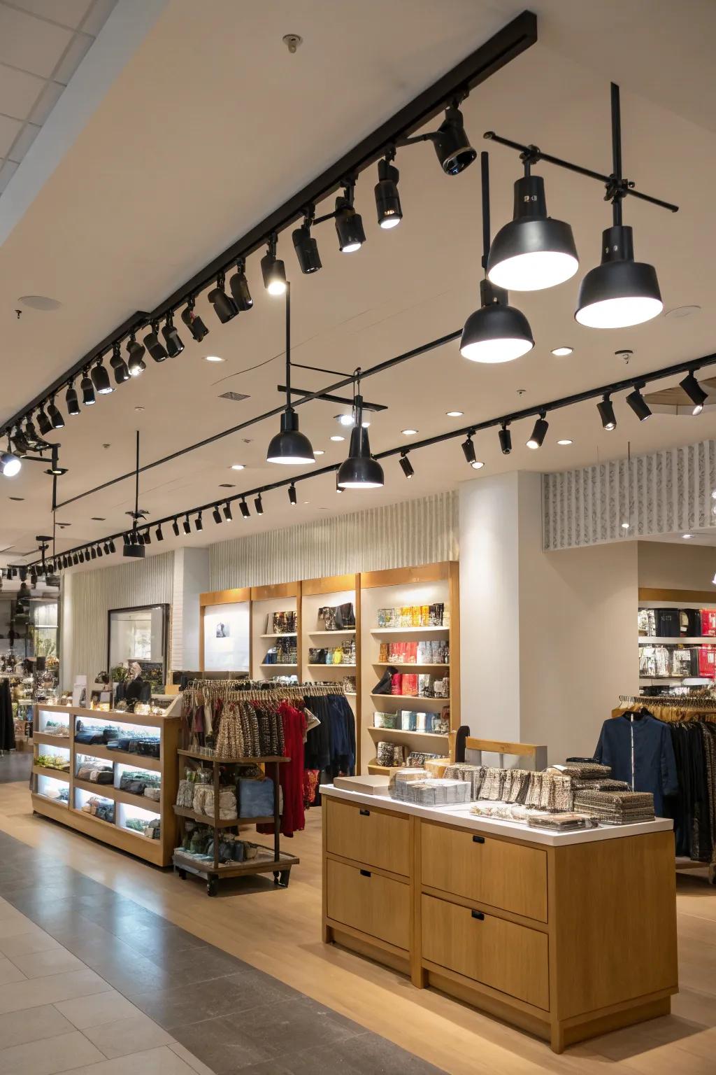 Track lighting providing flexibility in highlighting store zones.