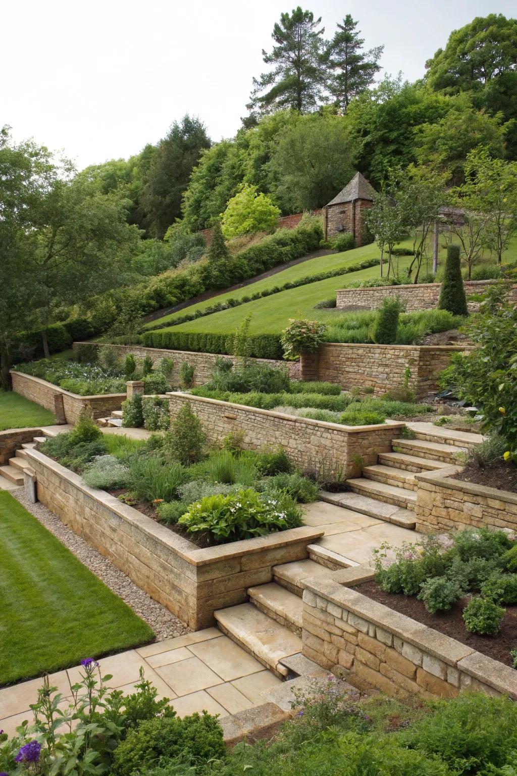 Sloped garden transformed with retaining walls into practical and beautiful terraces.