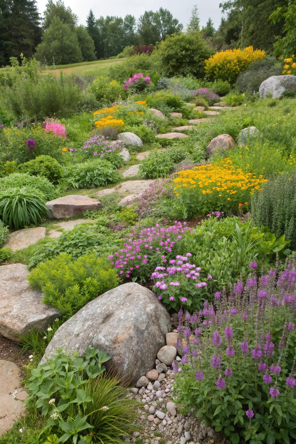 A balanced mix of herbs and flowers nestled among garden stones.