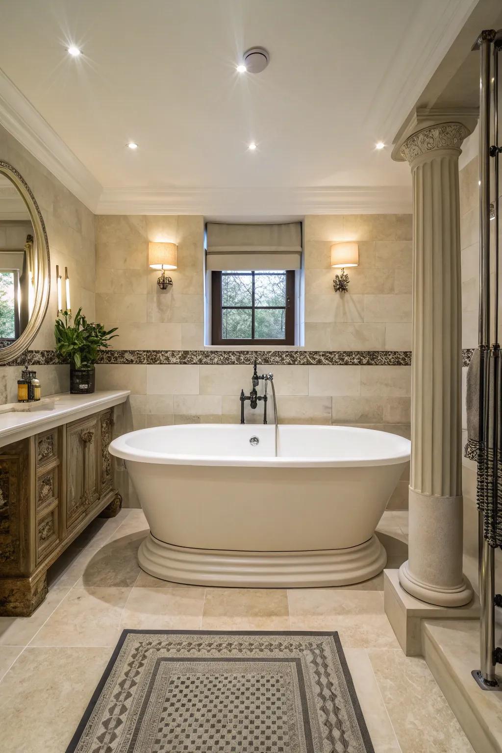 A standalone tub takes center stage in this Roman-style bathroom.