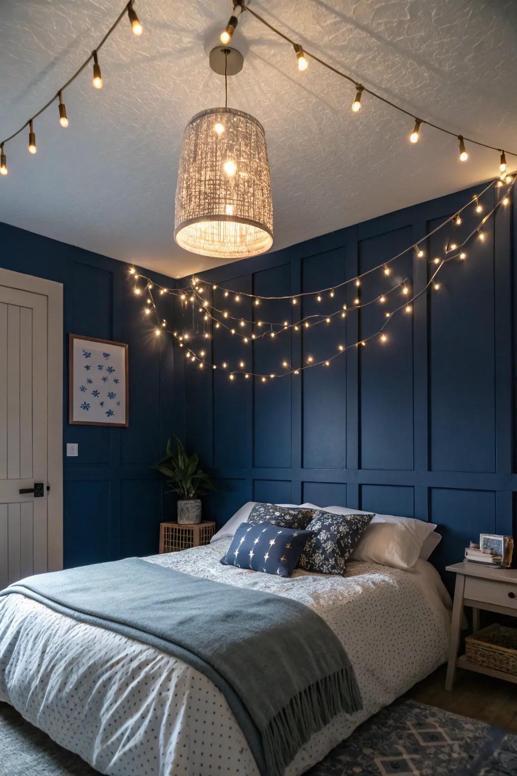 Stylish lighting includes a romantic shine to your deep blue sleeping quarters.
