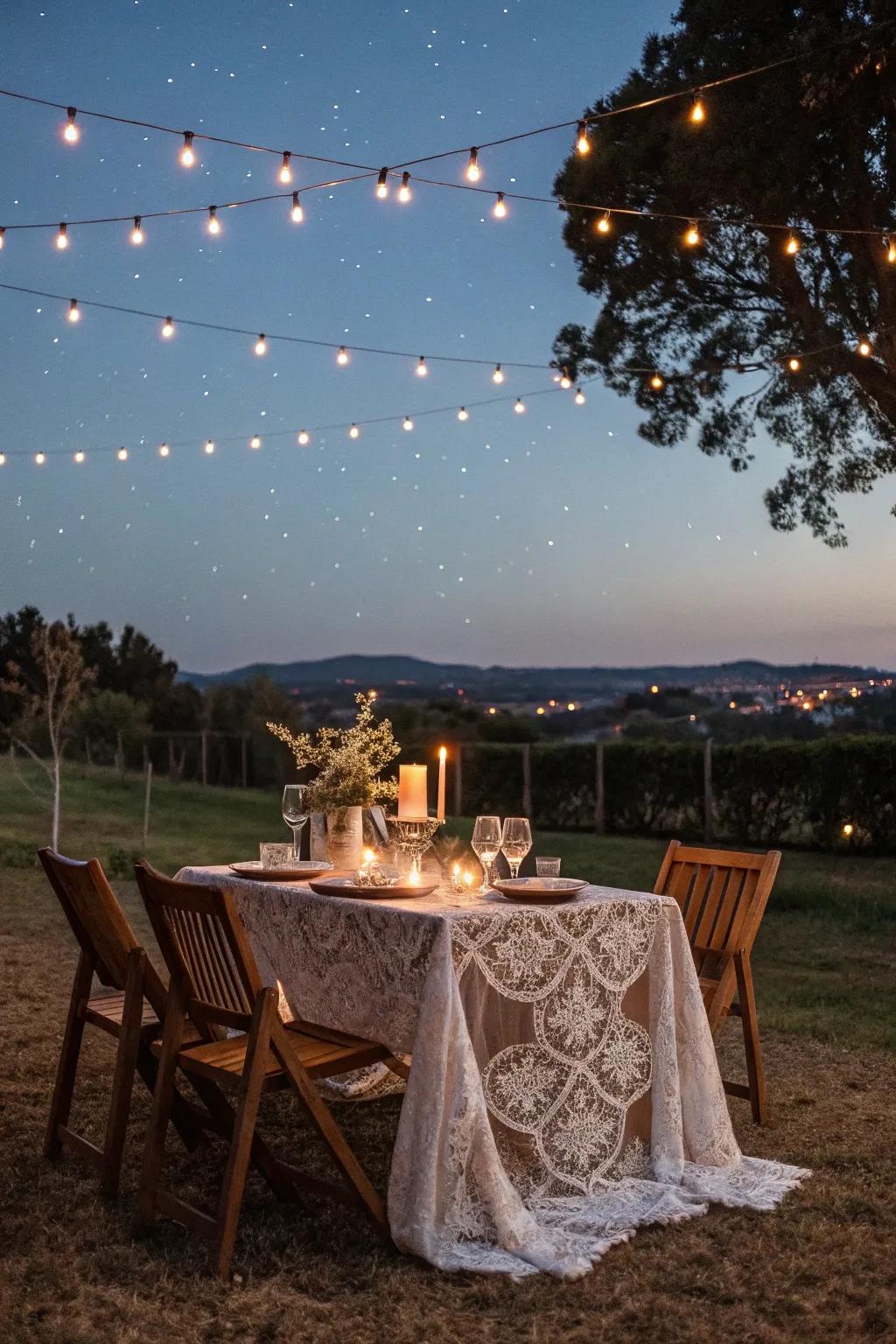 Dine in the open beneath a starlit setup, lit by fairy lights.