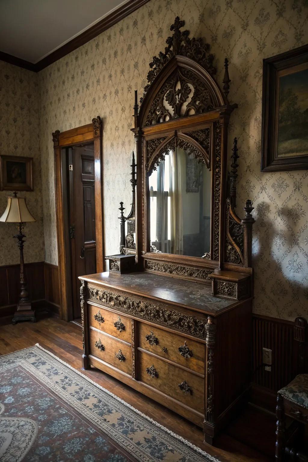 Vintage décor pieces convey timeless grace to a Victorian Gothic boudoir.