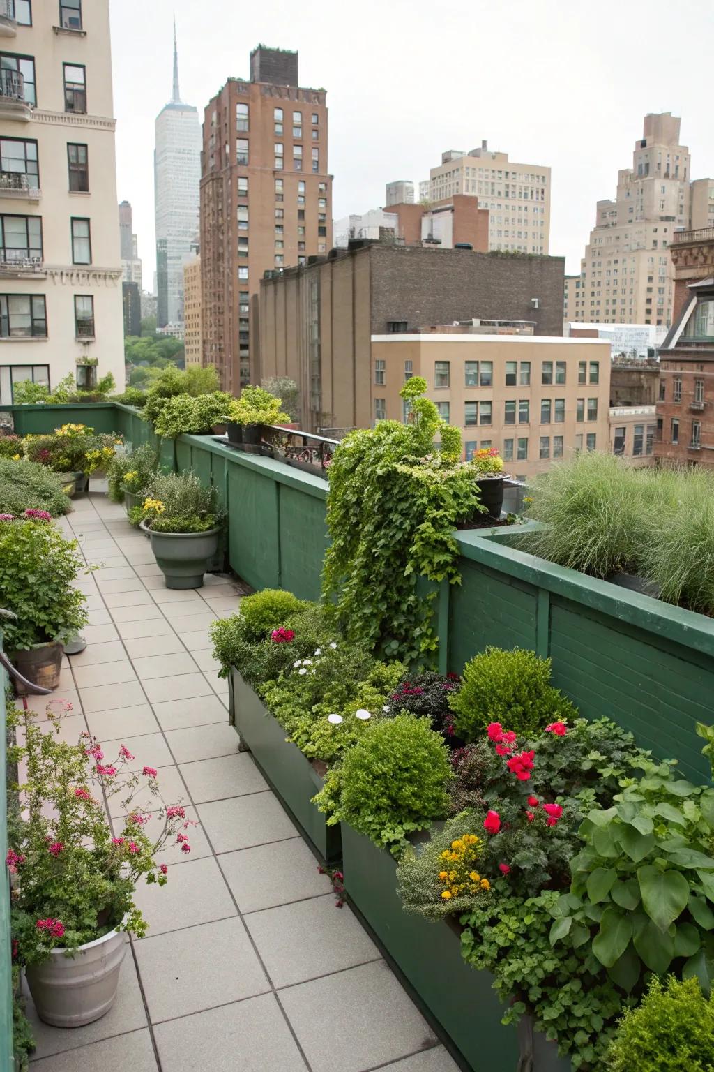 A rooftop garden oasis abundant with plant life.