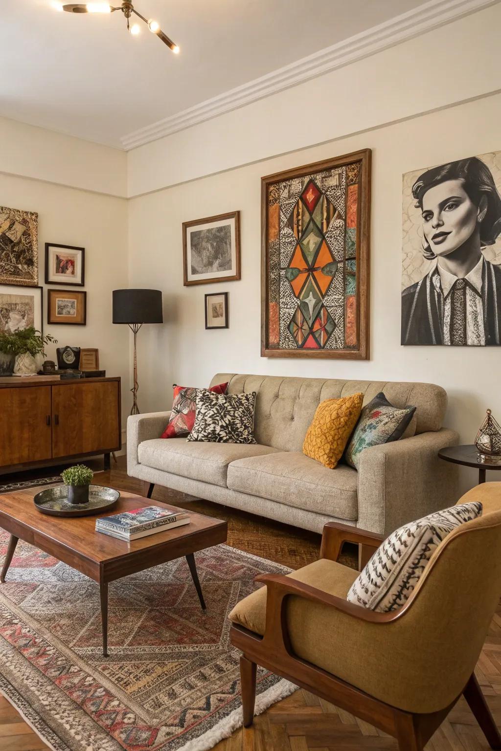 A personalized living space featuring a thoughtful mix of art and decor.
