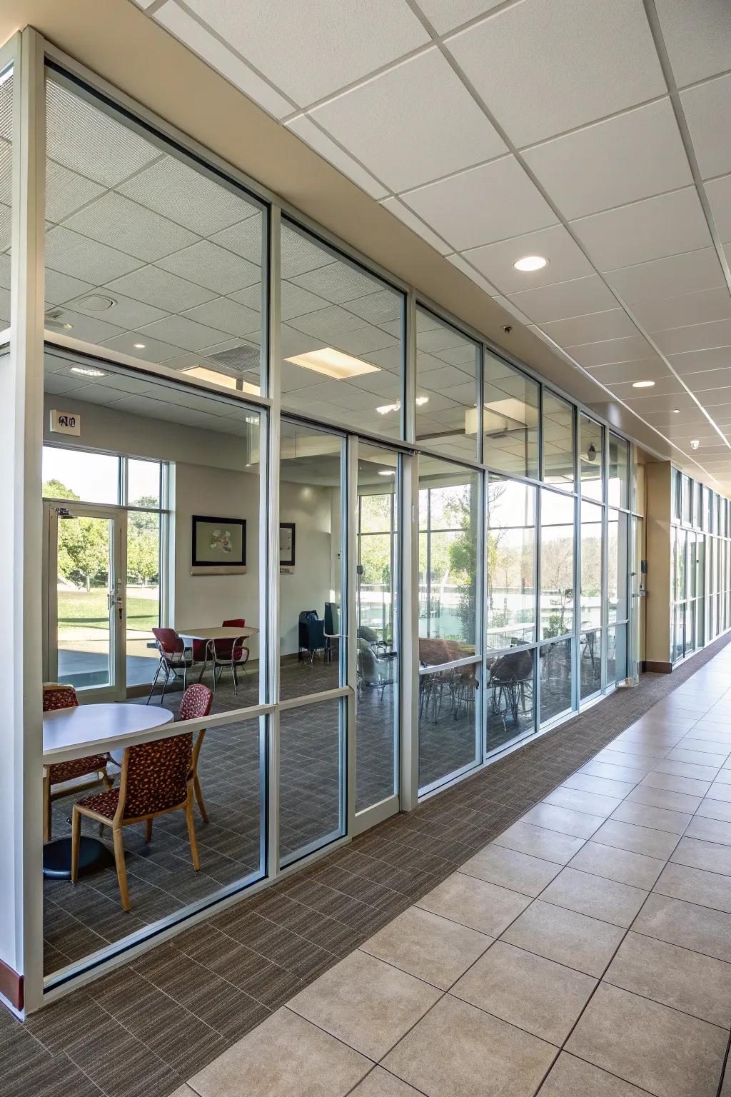 A room featuring a half wall and transparent sections, creating a distinct yet open separation.
