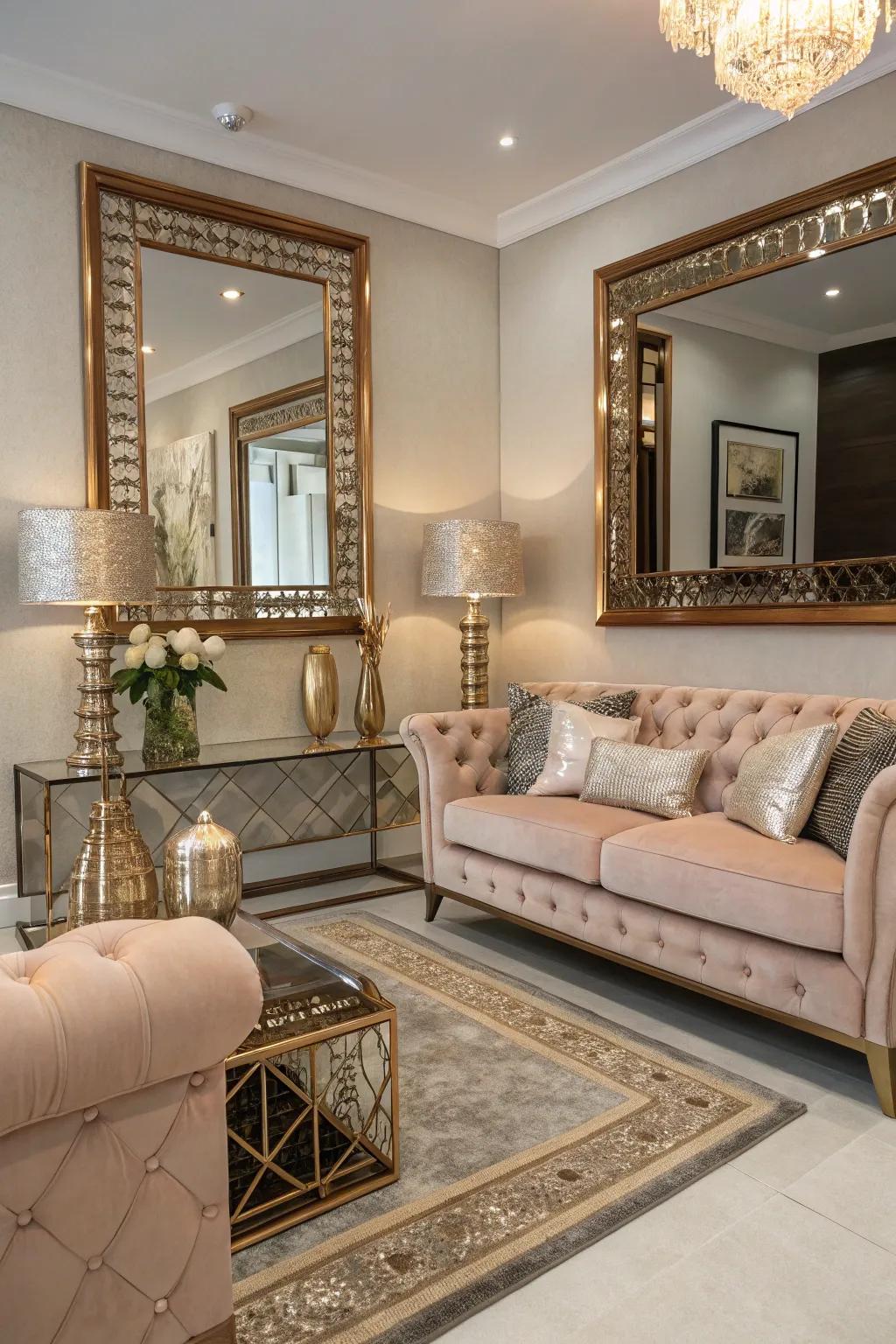 Mirrored ornaments with sunset sheen frames enhance the room's elegance.
