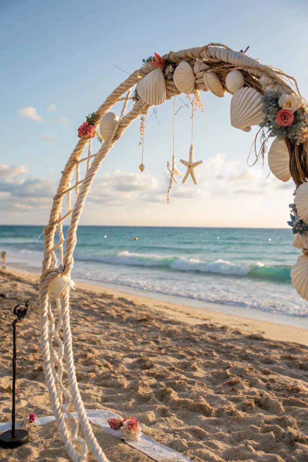 A beachside arch adorned with seashells, perfect for oceanfront ceremonies.