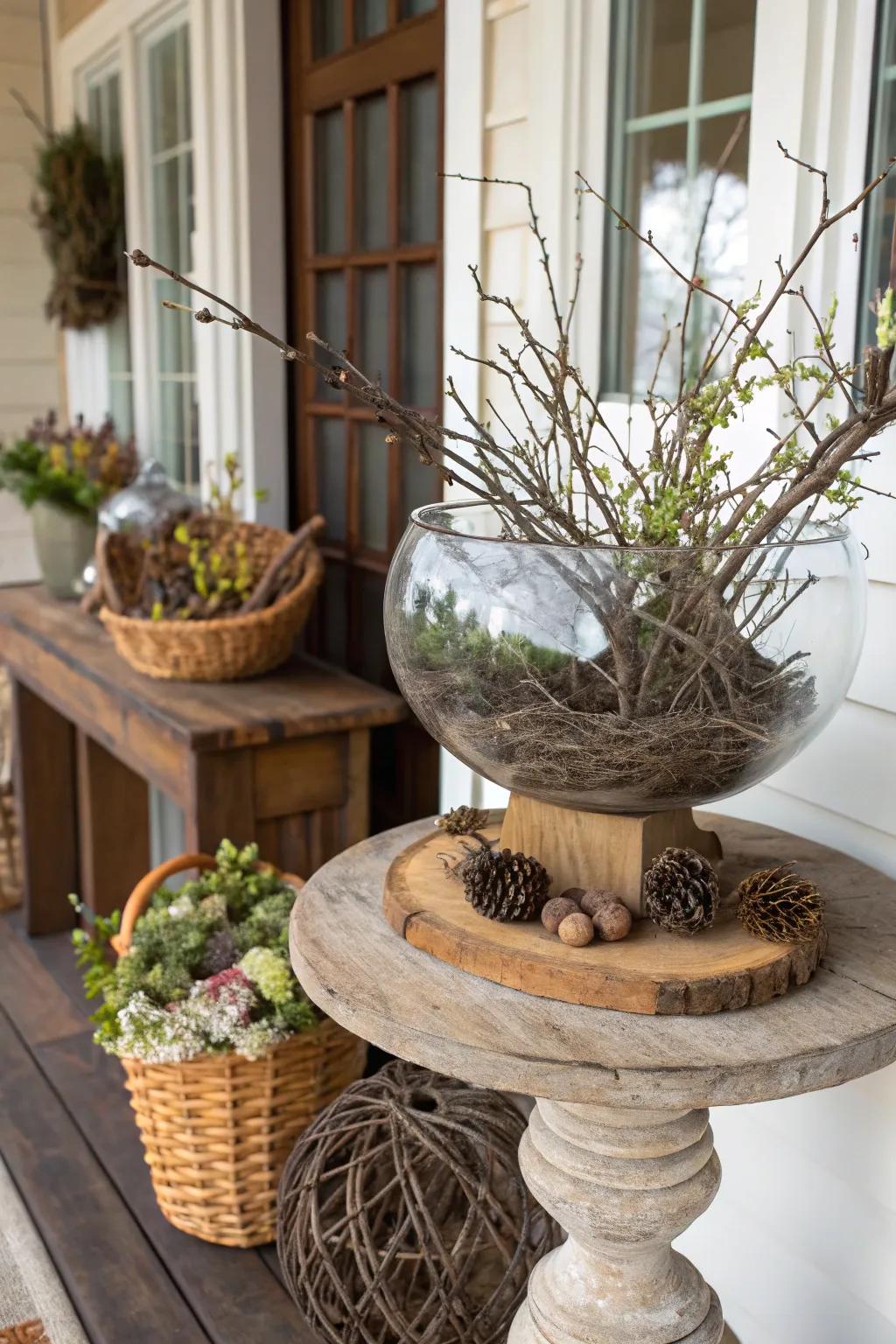 Natural elements such as branches bring country charm to clear bowls.
