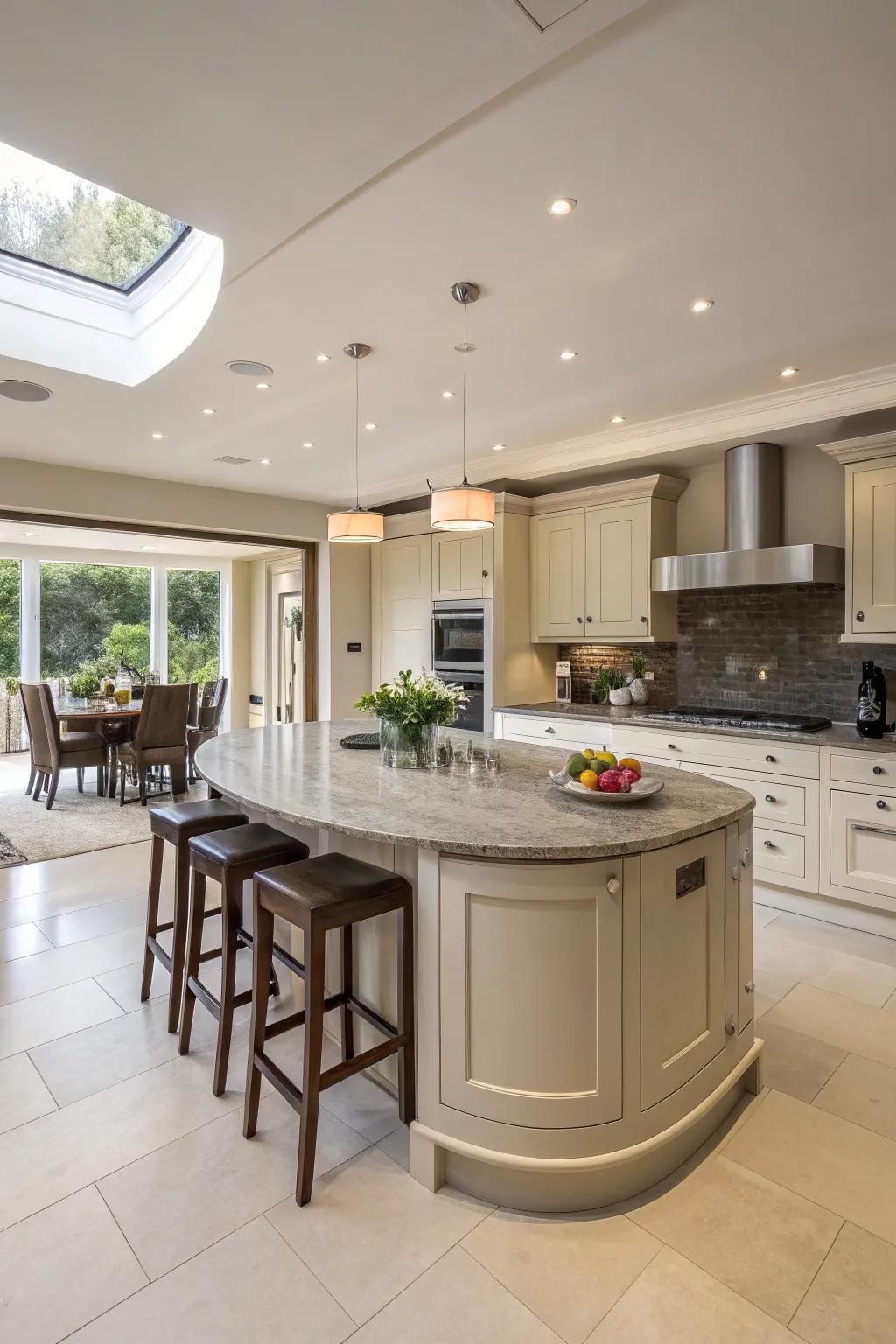 A central circular island improves spatial arrangement and movement in a kitchen.