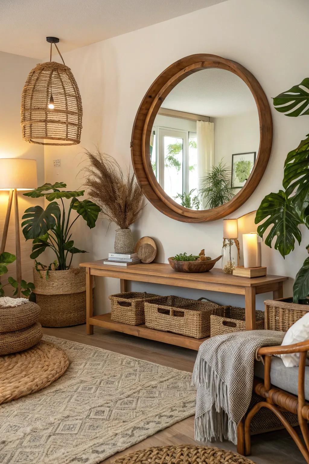 Timber-framed circular mirror adding warmth to a rustic living room.