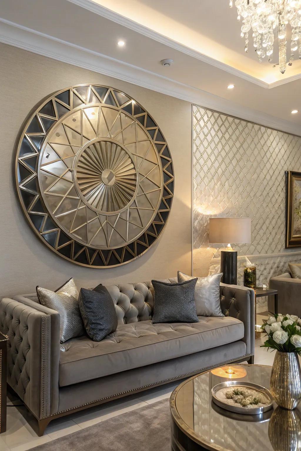 A contemporary living room showcasing spherical alloy wall art with geometric patterns.