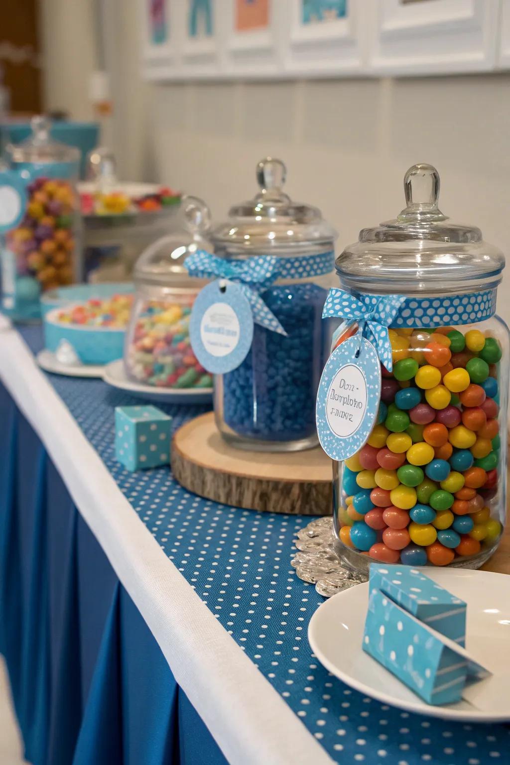 Adding a personal touch with custom labels on the candy containers.
