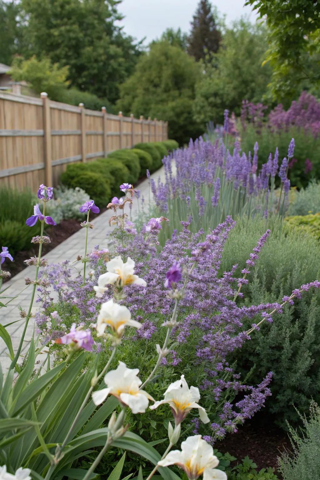 A garden providing continuous color from bearded lilies and Azure blooms.