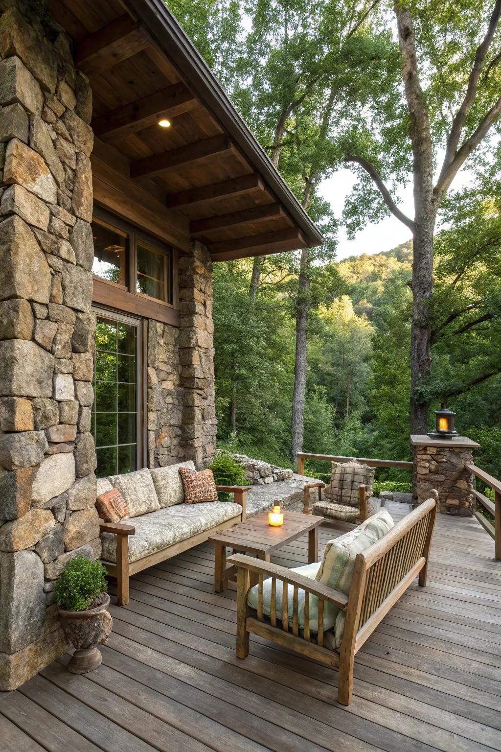 This countryside patio gains texture and allure from rock embellishments.