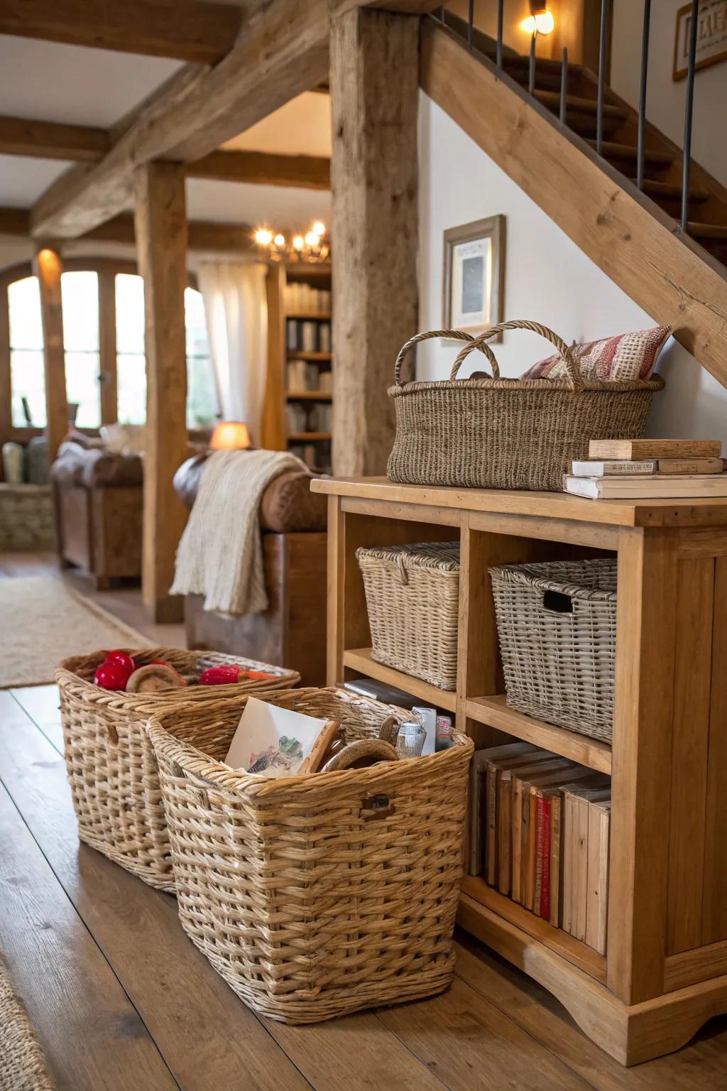 A living space featuring twined baskets for practical decor.