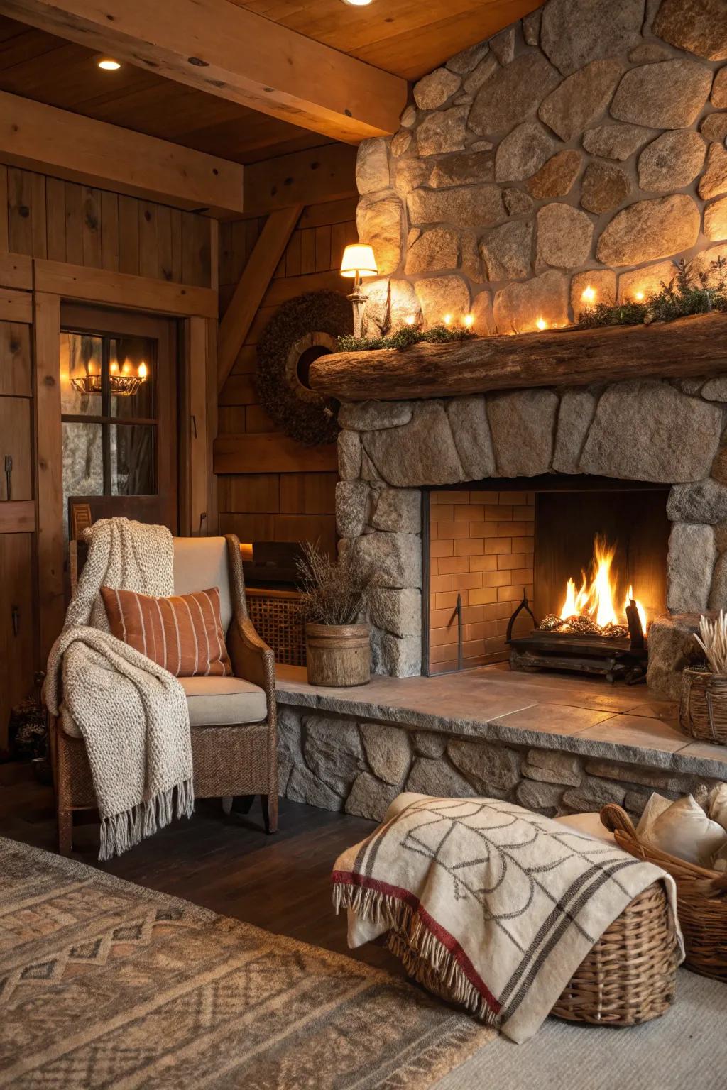 Inviting soil shades harmonize the countryside fascination of this fireplace.