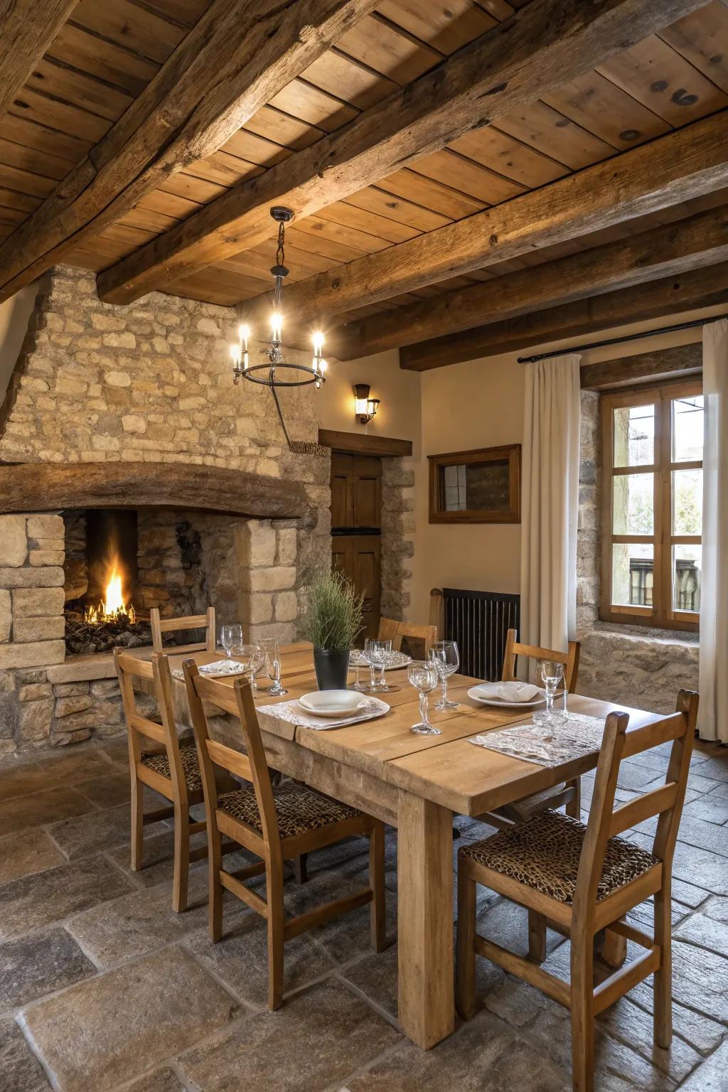 Unprocessed timber furnishings displayed in a rustic dining area.