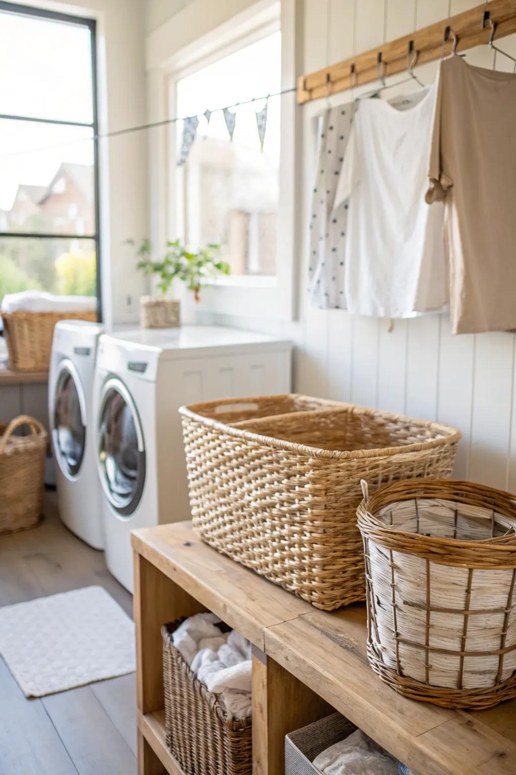 Twisted baskets offer useful storage and countryside charm.