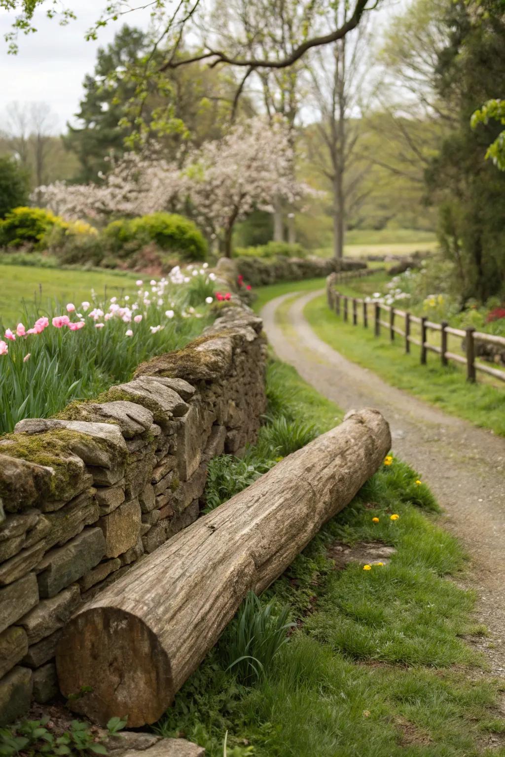 Logs and stones combine to form a rustic, yet elegant fence in a country garden.