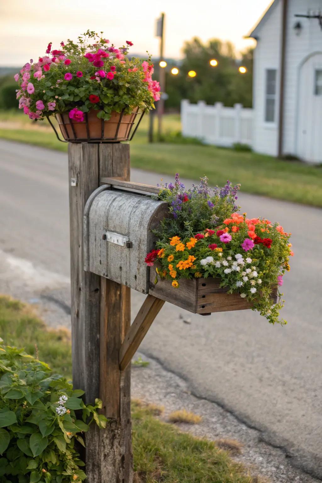 A planter box adds vibrant color to this rustic mailbox support.
