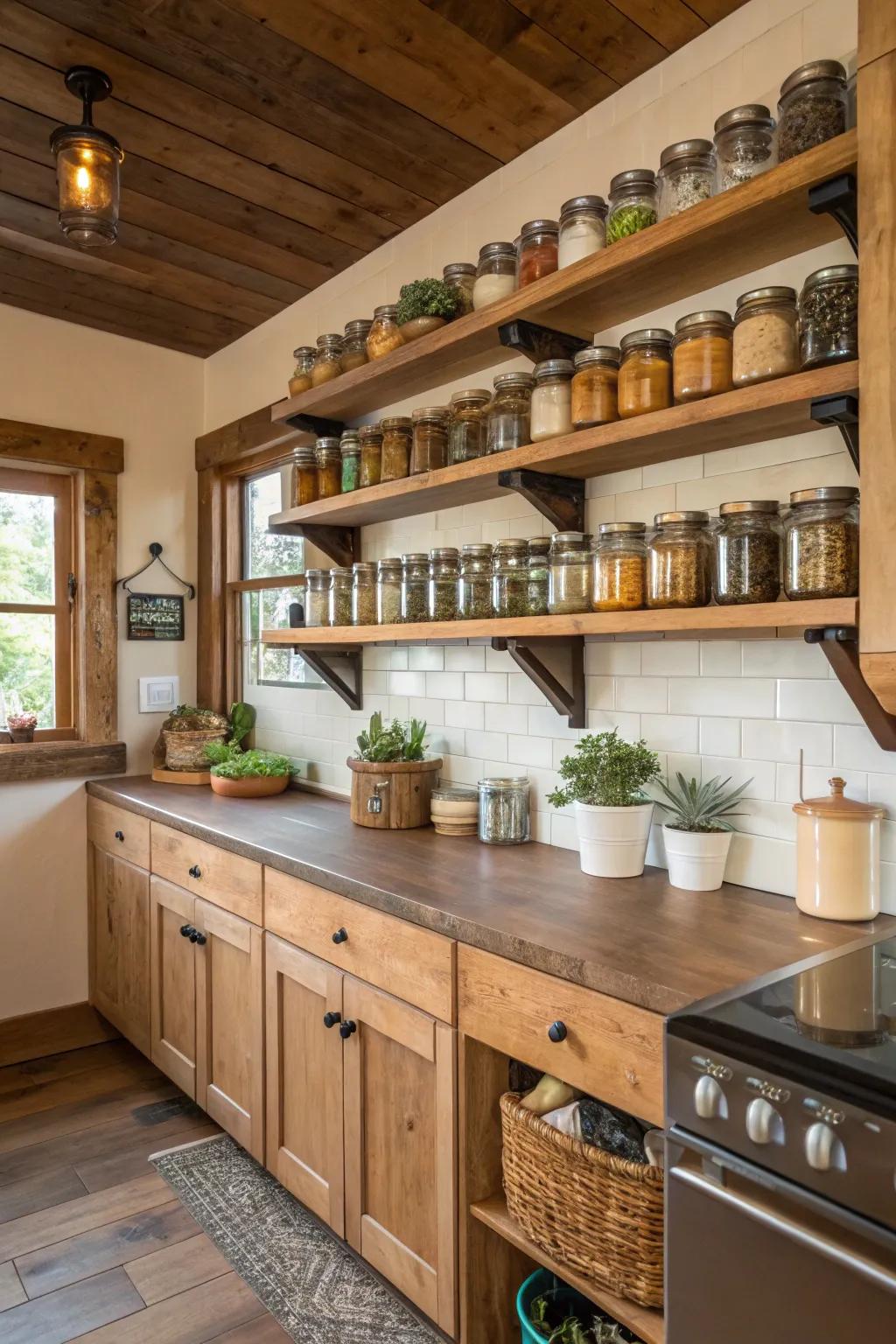 Glass jars offer both storage and decorative appeal in a countryside kitchen.