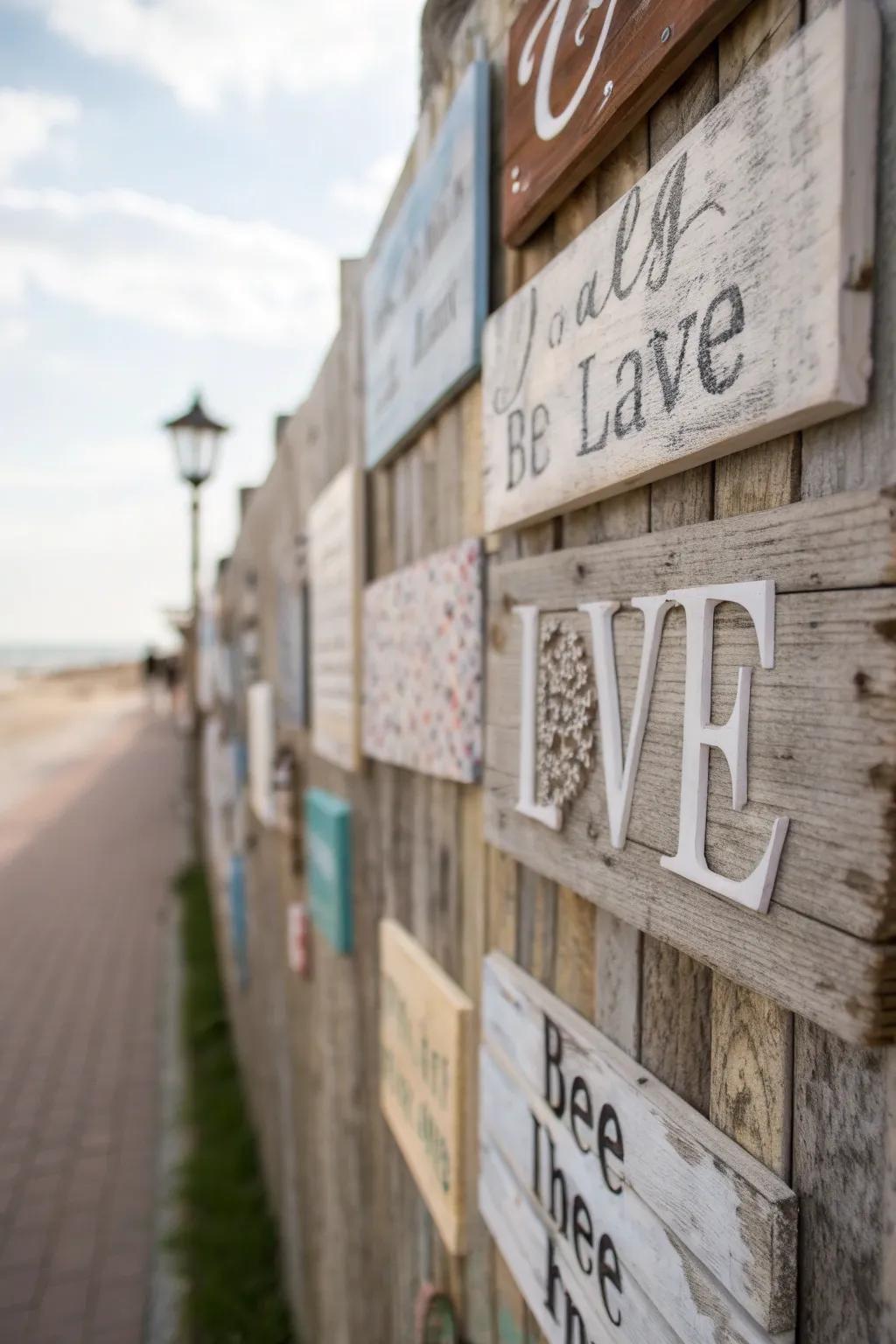 Weathered timber signs featuring quotations incorporate a personalized element to country-inspired decor.