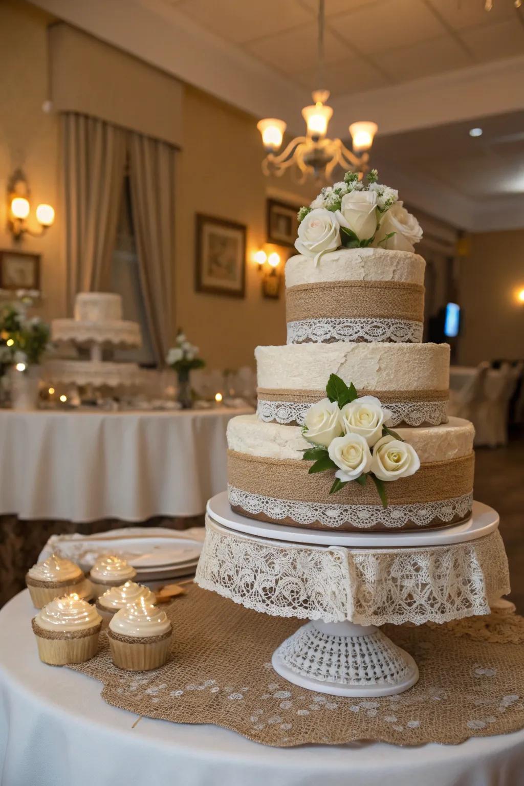 Hessian and lace accents add beauty to a rustic cake stand.