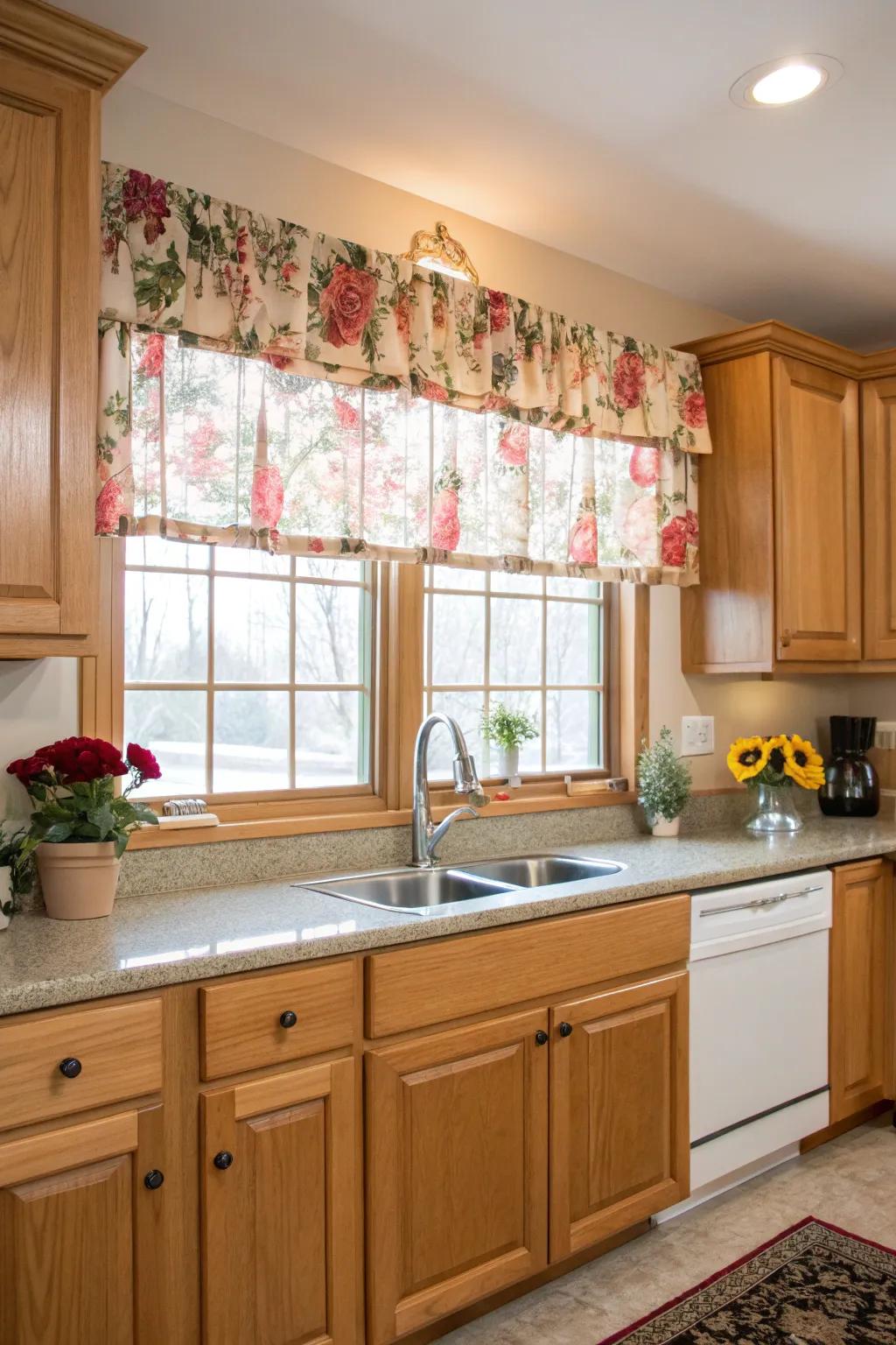 A cheerful cooking area enhanced by a flower fabric valance that contributes a dash of color and nature.