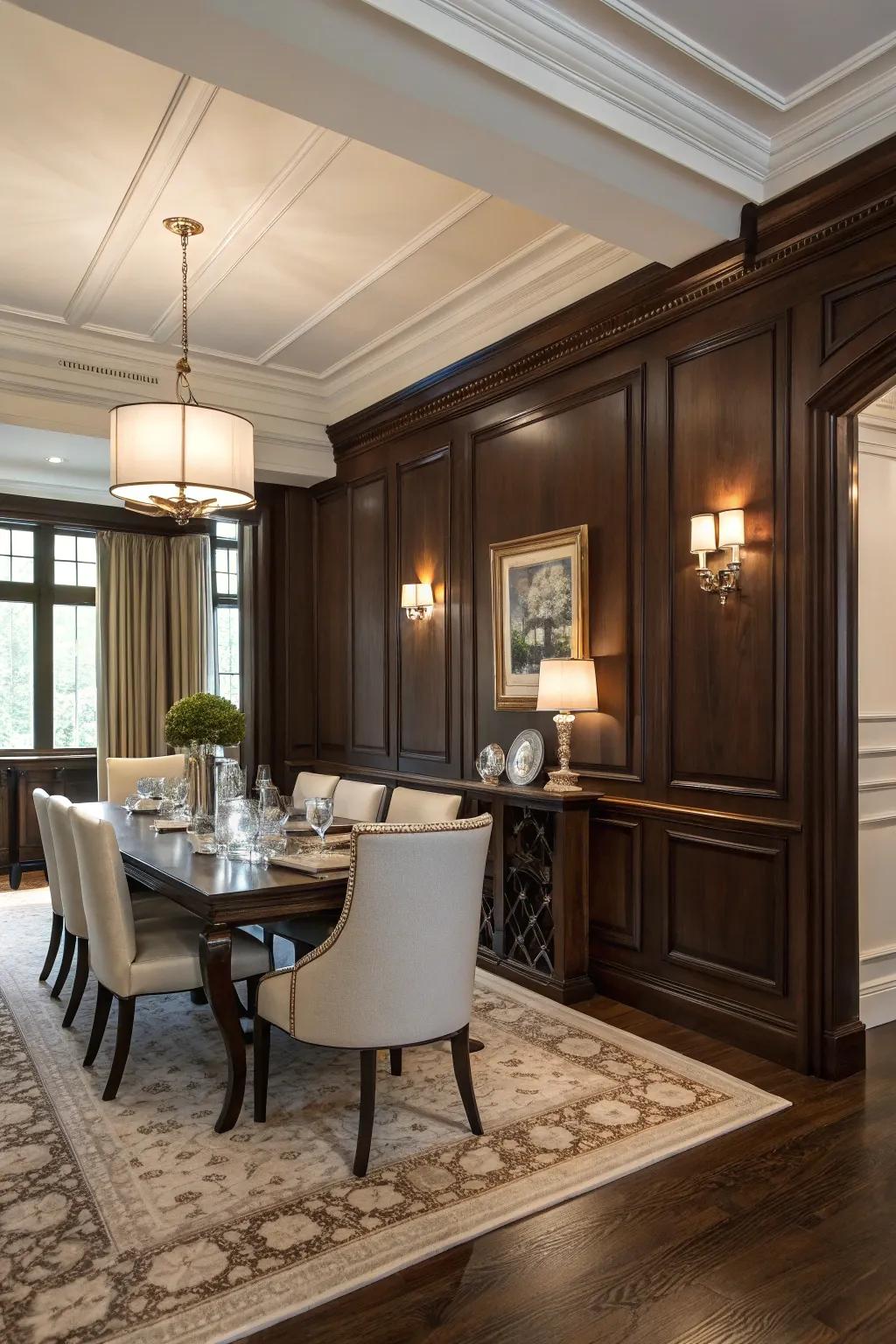 Contrasting shades in paneling create a striking and dramatic effect.