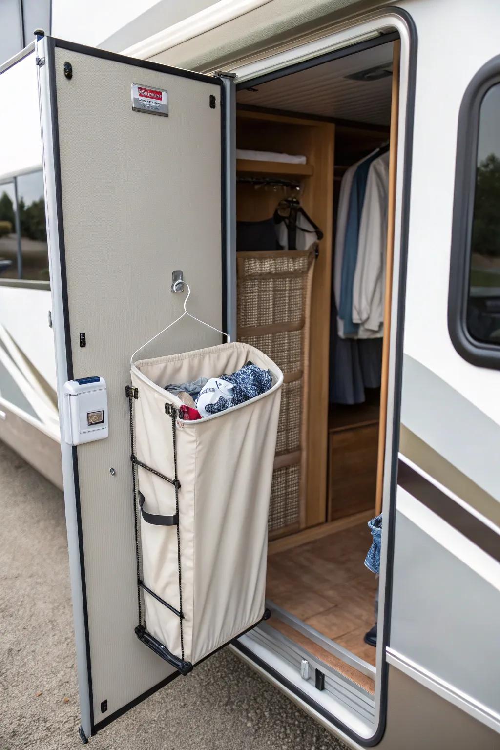 A narrow hamper keeps soiled clothing organized and hidden.